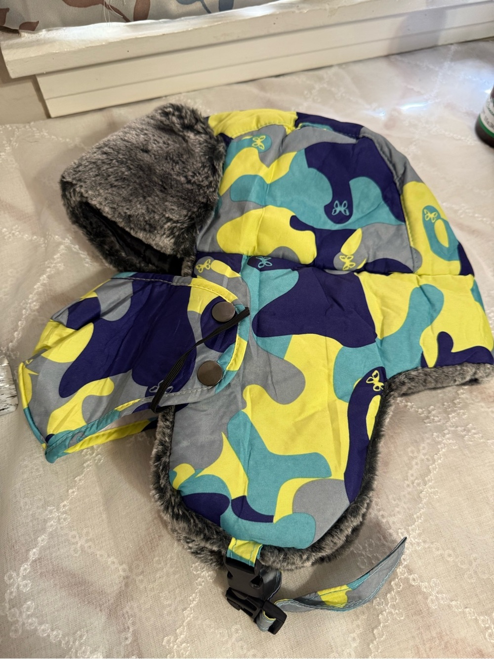 Kids Camouflage Trapper Hat - Yellow, Blue & Gray